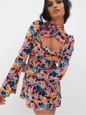 For Love & Lemons Multicolor Floral Mock-Neck Cutout Mini Tunic